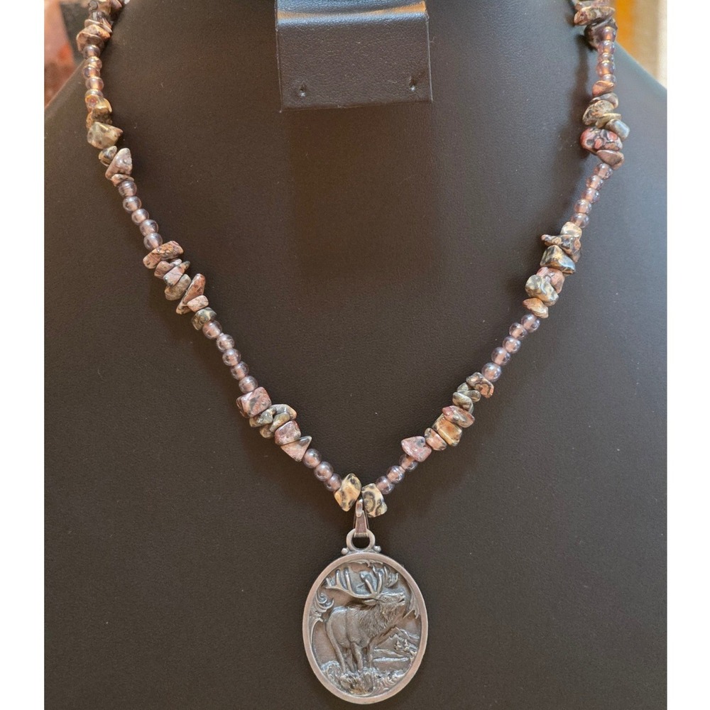 Roosevelt Elk Pendant Natural Leopard Jasper Chip Beaded Necklace 18"